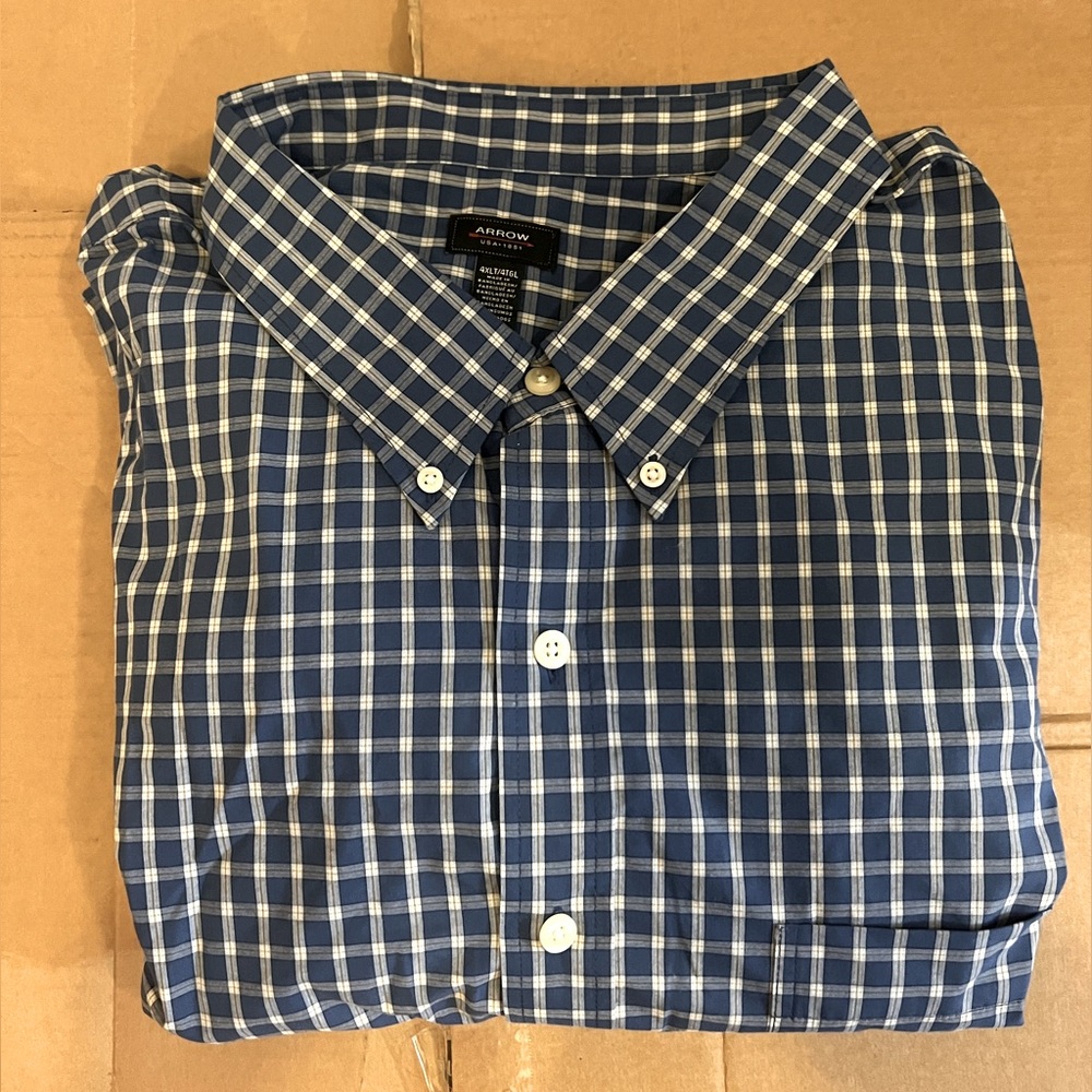 Arrow Short Sleeve Button Down Shirt - 4XLT - Blue / White - Never Worn